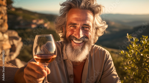 a male winemaker sits at a table with food and a glass of wine, testing wine while in the vineyards overlooking the hills and authentic locations of old towns photo