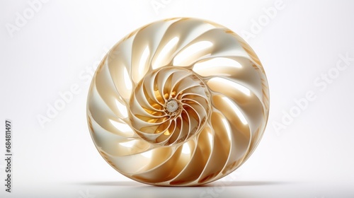  a white and gold spiral shaped object with a light reflection on the bottom of the object and a light reflection on the bottom of the object.