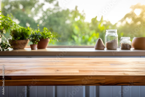 Direct view of a wooden kitchen countertop against a blurred view of the interior.
