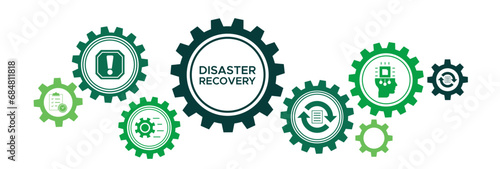 Disaster recovery banner web icon vector illustration concept for technology infrastructure with an icon of the incident, procedures, database, server, computer, plan, and recovery data system.