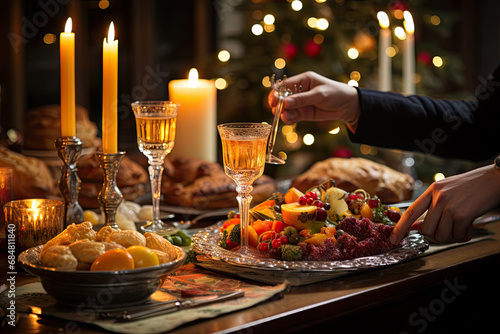 A table full of food and candles with a christmas tree in the background