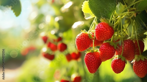 A close-up of a natural strawberry bush in the garden bearing ripe, organic strawberries, with ample space for text or copy.