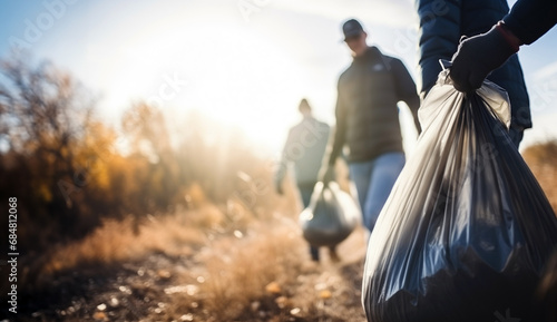 Volunteers carrying bags of collected litter during an environmental cleanup drive in a natural setting, with the sun low in the sky. photo