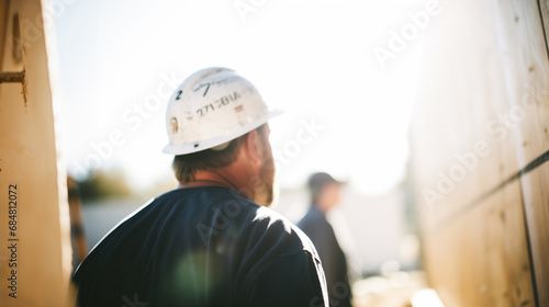 A focused builder in a hardhat is captured on a construction site, highlighting the concentration and expertise required in the trade. photo