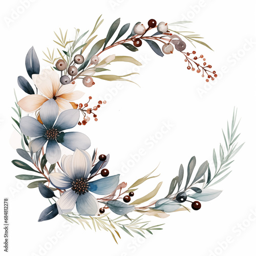 Christmas Watercolor Floral Wreath with foliage, flowers and berries