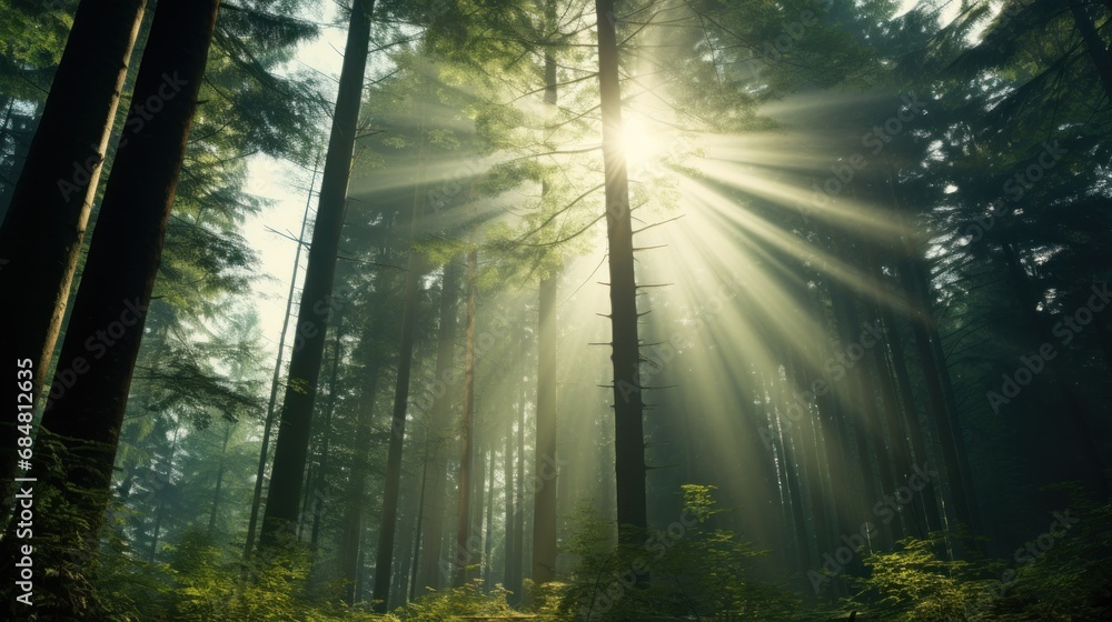  the sun shines through the tall trees in the middle of a forest filled with green grass and tall trees.