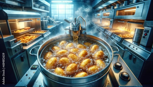 Potatoes frying in a commercial kitchen