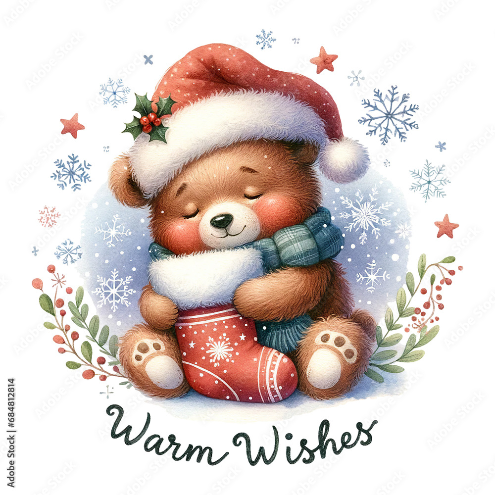 Bear cub snuggled in Christmas stocking, surrounded by snowflakes, Warm Wishes quote Bear cub snuggled in Christmas stocking, surrounded by snowflakes, Warm Wishes quote