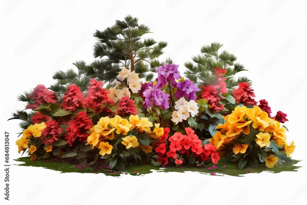 A vibrant field of evergreen colorful flowers in their natural setting, blooming in a springtime garden.