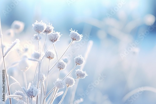 A winter scenery capturing frosty ice flowers, snow, and crystals.
