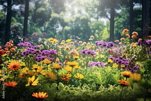 A vibrant field of evergreen colorful flowers in their natural setting, blooming in a springtime garden. © Rafiqul