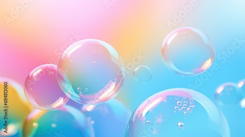  a group of bubbles floating on top of a blue, pink, yellow and green liquid filled with small bubbles.