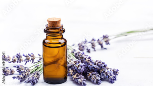 Bottle with natural lavender serum or cosmetic oil and lavender flowers on a white background.Generative AI