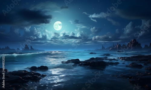 sea view, night painted landscape, night sky, nature wallpaper, picturesque landscapes © elina