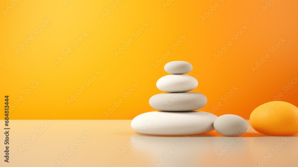 a stack of rocks sitting next to an orange and white egg on top of a white table next to an orange wall. a stack of rocks sitting next to an orange and white egg on top of a white table next to an orange wall.