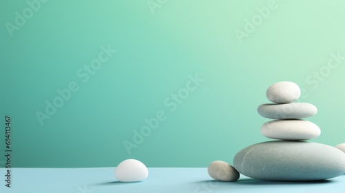  a stack of white rocks sitting on top of a blue table next to a green wall with eggs on top of it.