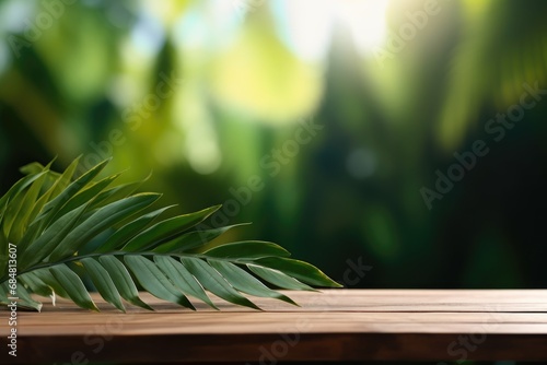 empty wooden tabletop podium in garden open forest  blurred green plants background with space. organic product presents natural placement pedestal display  spring and summer concept.