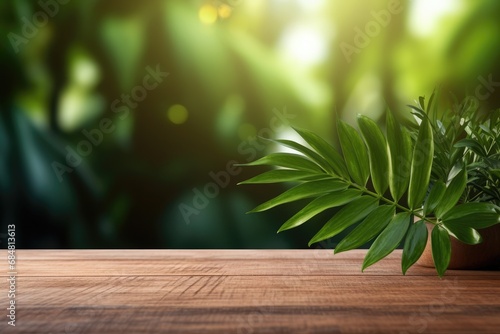 empty wooden tabletop podium in garden open forest  blurred green plants background with space. organic product presents natural placement pedestal display  spring and summer concept.