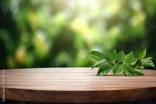 empty wooden tabletop podium in garden open forest  blurred green plants background with space. organic product presents natural placement pedestal display  spring and summer concept.