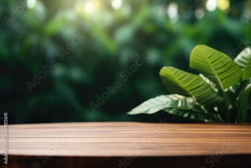 empty wooden tabletop podium in garden open forest  blurred green plants background with space. organic product presents natural placement pedestal display  spring and summer concept.