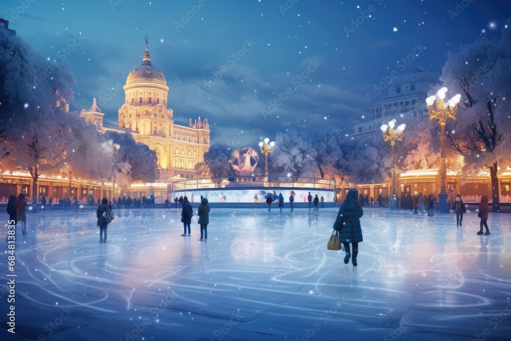 people skate on the skating rink in the winter evening. beautiful view of the skating rink with lights.. High quality photo - obrazy, fototapety, plakaty 