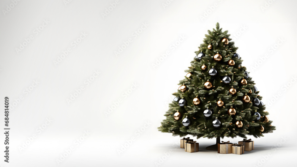 Christmas tree with ornaments and gifts, with white background