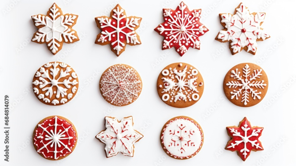 Pattern of various Christmas cookies lying on a white background. ginger christmas cookies Pattern of various Christmas cookies lying on a white background. ginger christmas cookies