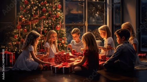Merry Christmas and Happy Holidays! Cheerful cute children open gifts. Children are having fun near the tree. Loving family with gifts in the room.