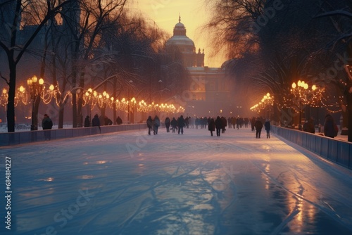 people skate on the skating rink in the winter evening. beautiful view of the skating rink with lights.. High quality photo photo