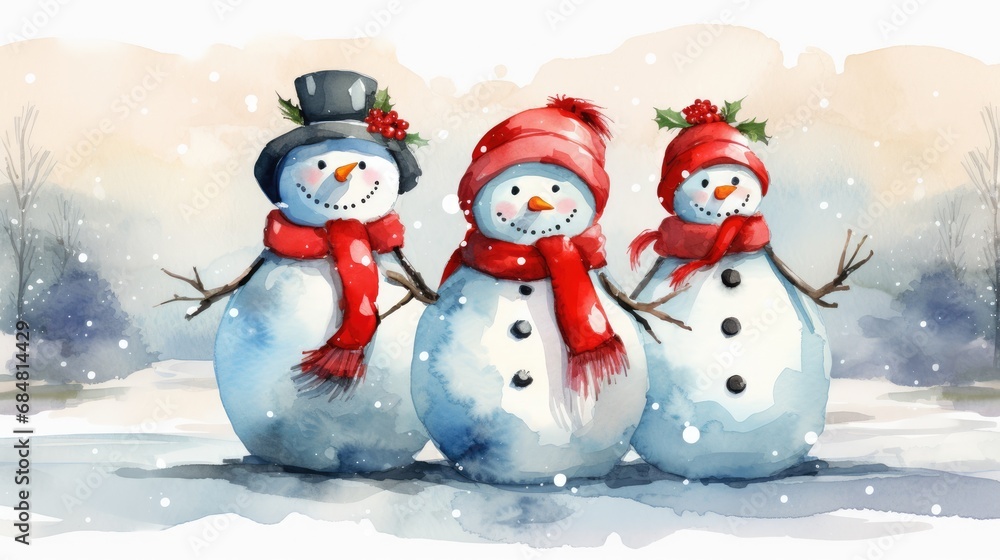 A collection of watercolor Christmas snowmen for an adorable holiday design. snowman on winter background.