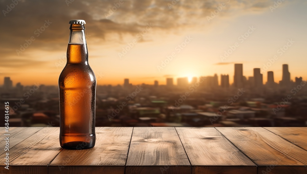 A glass bottle on a wooden table A glass bottle on a wooden table