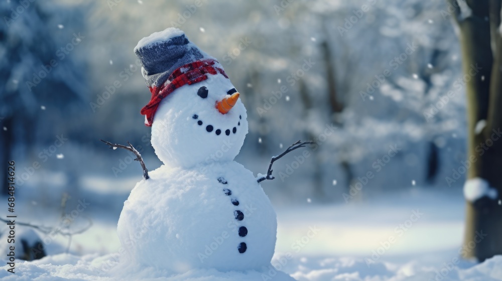 Merry Christmas and Happy New Year greeting card. Happy snowman standing in a Christmas landscape. Snow background. Winter's Tale. Merry Christmas and Happy New Year greeting card. Happy snowman standing in a Christmas landscape. Snow background. Winter's Tale.
