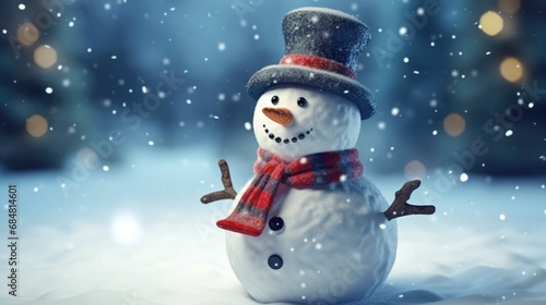 Merry Christmas and Happy New Year greeting card. Happy snowman standing in a Christmas landscape. Snow background. Winter's Tale.
