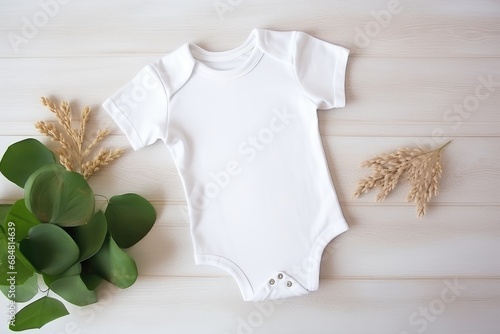 White baby short sleeve bodysuit mockup. boho interior with minimalistic handmade decoration. Cute white baby bodysuit. photo