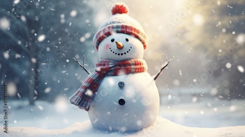 Merry Christmas and Happy New Year greeting card. Happy snowman standing in a Christmas landscape. Snow background. Winter's Tale. © inna717