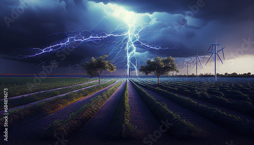 Blitzschutz bei Photovoltaikanlage auf Feld Bauern Solarmodule mit Blitz Blitzeinschlag Risiko Blitzschaden Versicherung Überspannung PV Anlage Erneuerbare Energien Gefahren Generative AI