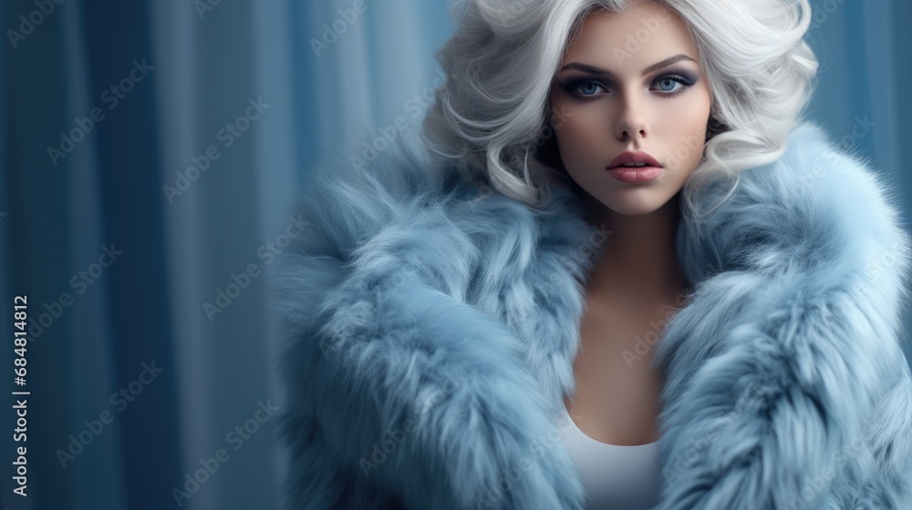 woman in luxurious fur coat. Fashion model girl in blue fox fur coat. Perfect makeup and accessories. Beautiful luxury winter lady. Generative AI woman in luxurious fur coat. Fashion model girl in blue fox fur coat. Perfect makeup and accessories. Beautiful luxury winter lady. Generative AI