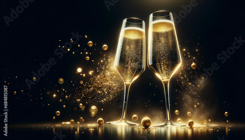 New Year's Elegance: Sparkling Champagne Flutes with Golden Glitter on a Luxurious Dark Background 