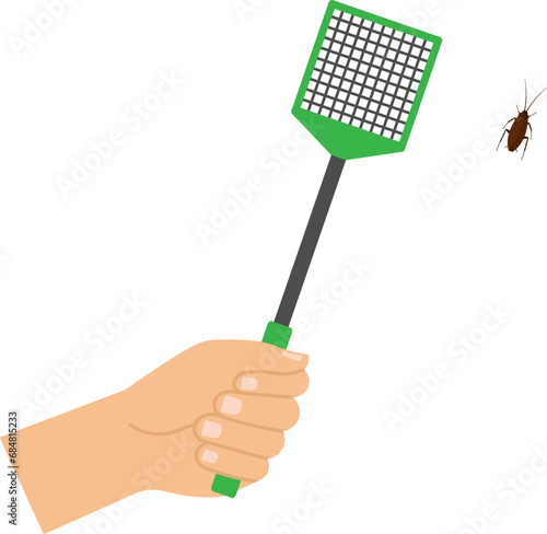 Hand holding a flyswatter icon. Kill cockroach. Vector illustration.