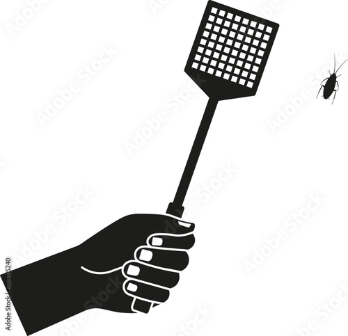 Hand holding a flyswatter icon. Kill cockroach. Vector. Flat design.	