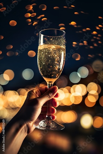 A close-up of a hand holding a glass of champagne against a backdrop of a night sky filled with vibrant fireworks, reflecting the sparkle of the celebration in the bubbles of the champagne