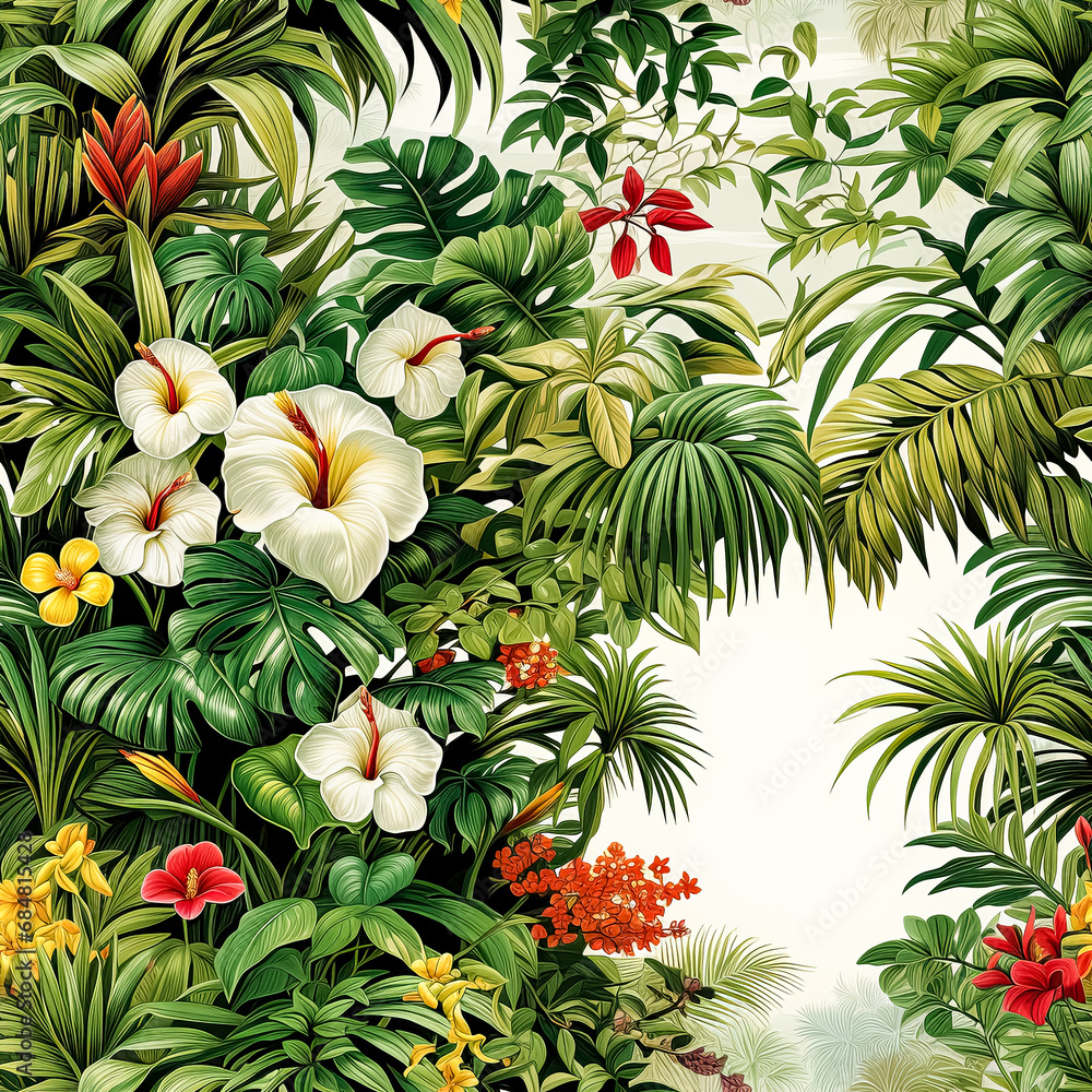 Seamless pattern with tropical flowers and leaves