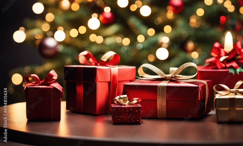 Gift boxes with a large red bow on table against a background bokeh of twinkling party lights on Christmas tree. Luxury New Year gift. Christmas background with gift box. Christmastime celebration Gift boxes with a large red bow on table against a background bokeh of twinkling party lights on Christmas tree. Luxury New Year gift. Christmas background with gift box. Christmastime celebration