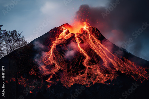 Volcano Erupting at Night. Generative Ai
