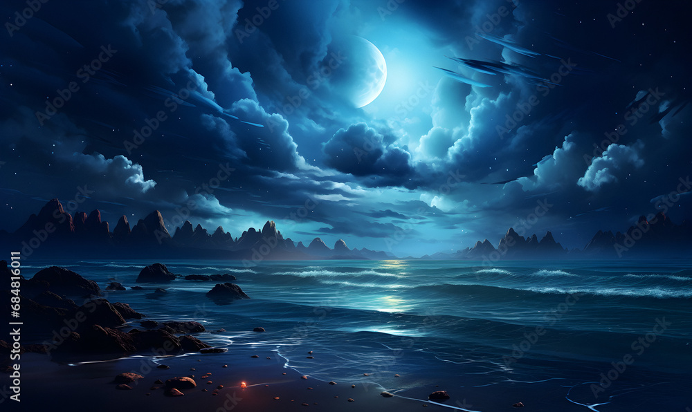 sea view, night painted landscape, night sky, nature wallpaper, picturesque landscapes