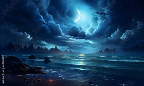 sea view, night painted landscape, night sky, nature wallpaper, picturesque landscapes