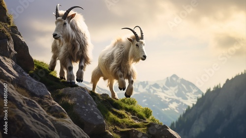 Agile mountain goats on cliffs