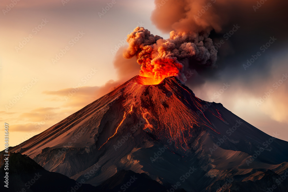 Fototapeta premium Volcano Erupting at Night. Generative Ai