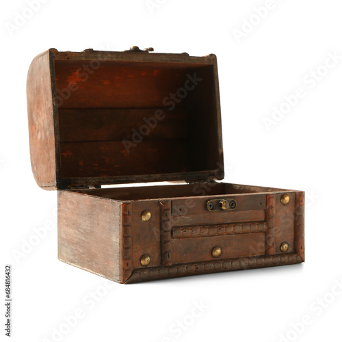 Empty old wooden chest isolated on white background