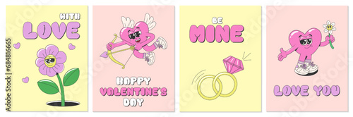 Set of Happy Valentine's Day greeting cards, posters or backgrounds in funky groovy style. Cartoon romantic 60s, 70s vector illustrations with lovely hearts, flowers, rings and text.